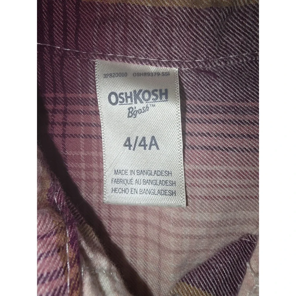OshKosh Girls 4 Soft Pink‎ Plaid Flanel Button Up 100% Cotton Layer Jacket Warm
